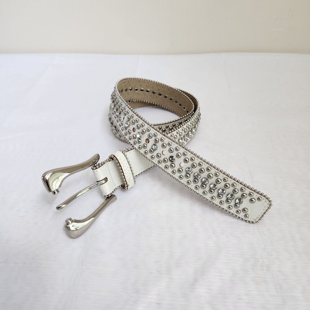 Guess Belt Women's M Tan Rhinestone Silver Studded Faux Leather Bling Fashion